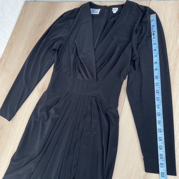 Vintage 80s Rimini Long Sleeve V-Neck Draped Tea Length Midi Black Dress Size 6 - Picture 12 of 14
